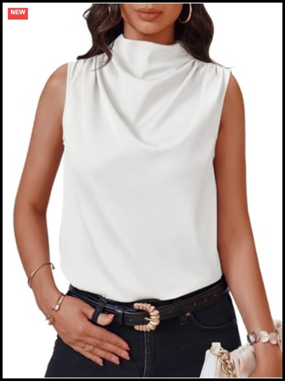 Womens Mock Neck Satin Tank Top Ruched Sleeveless Business Casual Blouse
